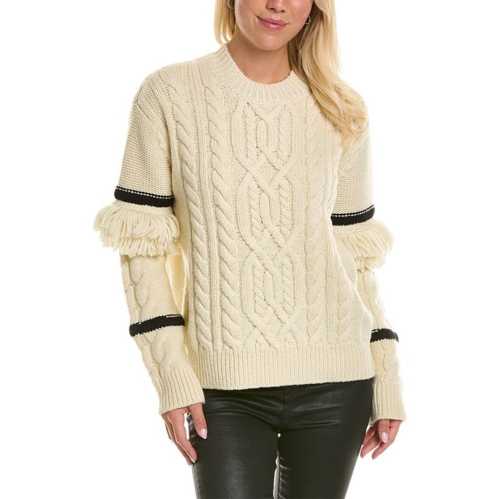 Pearl by Lela Rose Fringe Detail Cable Knit Wool-Blend Sweater